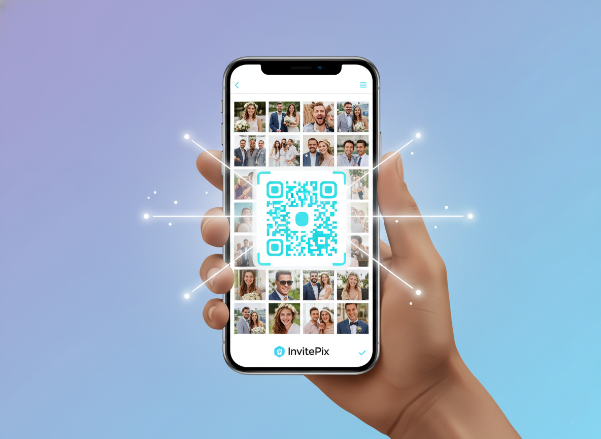 Invitado escaneando fácilmente un código QR de InvitePix para subir fotos de boda a una galería privada