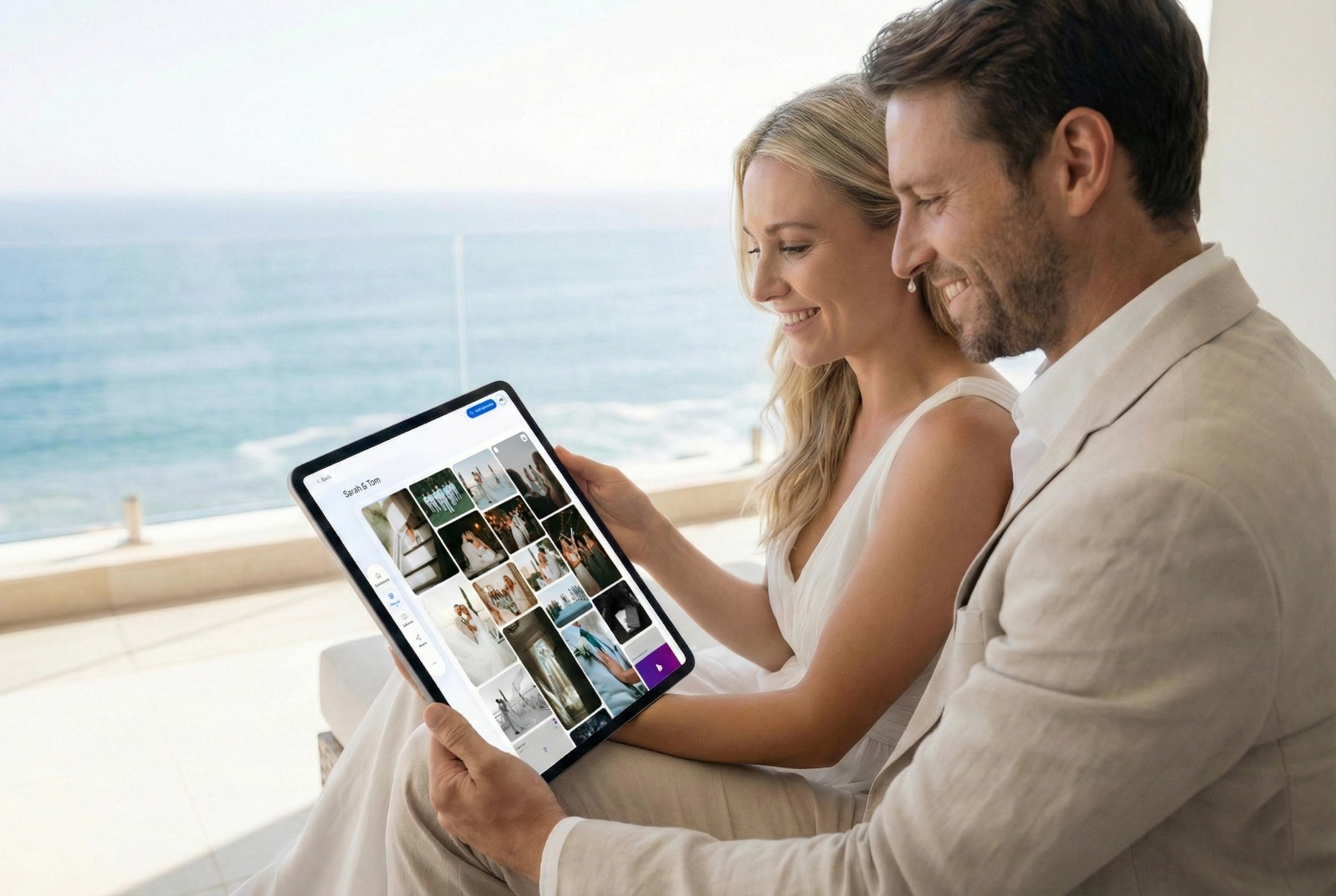 Happy couple viewing their curated wedding gallery