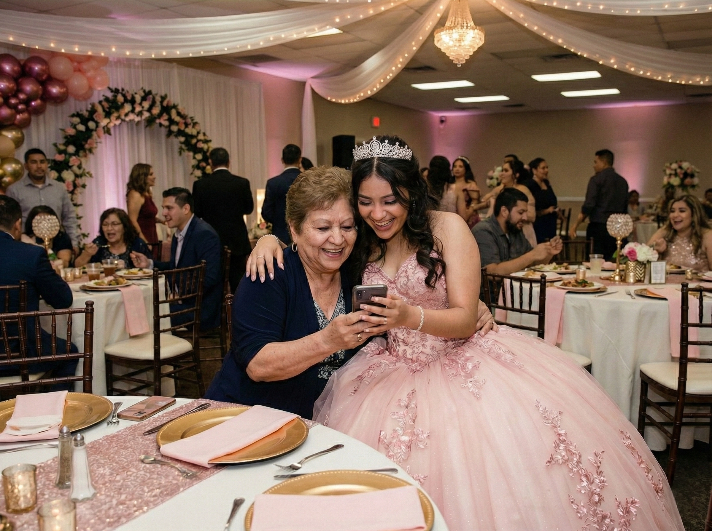 Familia disfrutando de la galería InvitePix en un teléfono - Quinceañera photos and event QR code